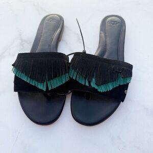 UGG Size 9 Black and Green Women's Binx Suede Fringe Slide Sandals NEW!